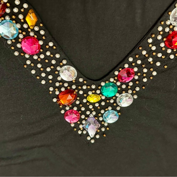 Vintage 80s Bejeweled Black V Neck Tunic Top Dress Le Maglie Di Nives One Size - Picture 3 of 9